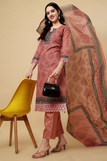 Dark Peach Chanderi Silk Digital Printed Unstitched Salwar Suit
